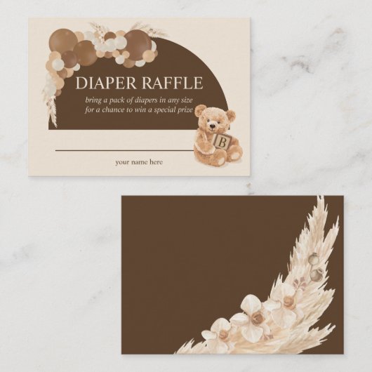 Bruin Pampas Grass Teddy Bear Luier Raffle Informatiekaartje (Voorkant / Achterkant)