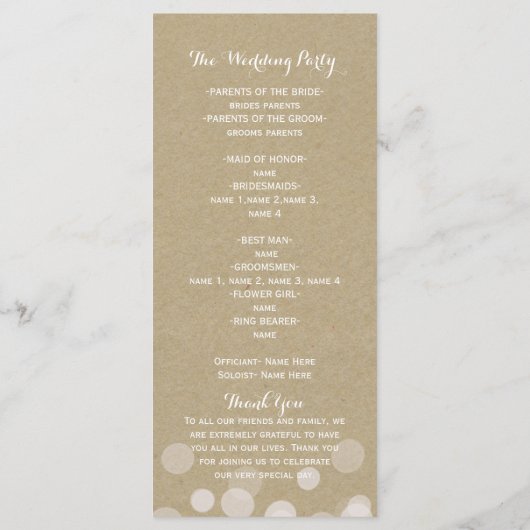 Bruin Papier Eenvoudige Rustieke Lichten Trouwprog Programmakaart (Achterkant)