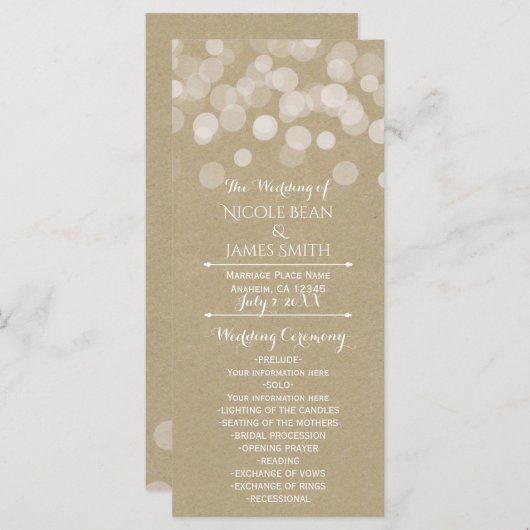 Bruin Papier Eenvoudige Rustieke Lichten Trouwprog Programmakaart (Voorkant / Achterkant)