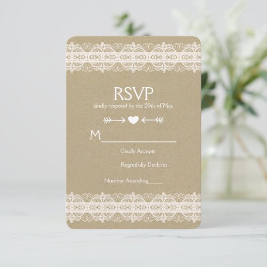 Bruin papier en ras Natuurlijke Rustic Wedding RSV RSVP Kaartje (Staand voorkant)