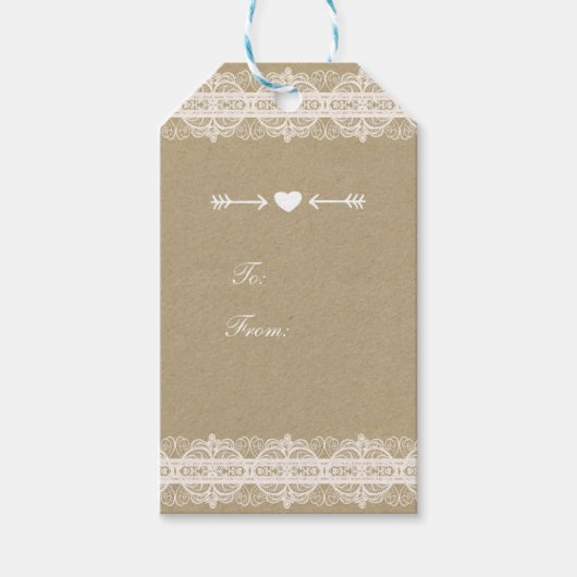 Bruin papier en wit lace Natural Rustic Wedding Cadeaulabel (Voorkant)