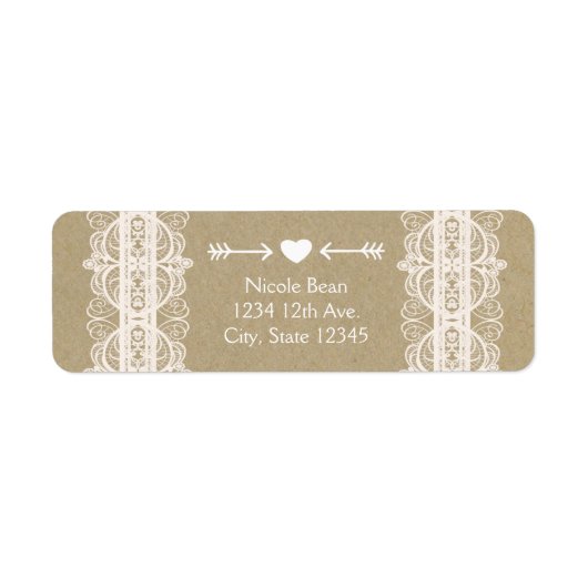 Bruin papier en wit lace Natural Rustic Wedding Etiket (Voorkant)