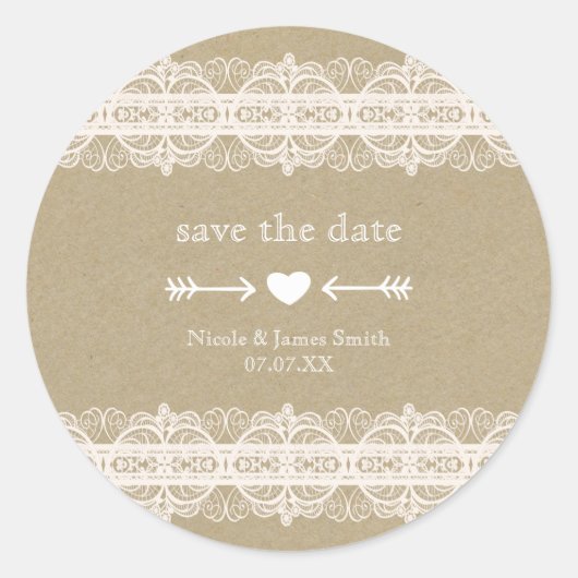 Bruin papier en wit lace Natural Rustic Wedding Ronde Sticker (Voorkant)