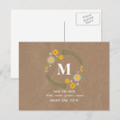Bruin Papier Geïnspireerd Wildflower Monogram Save Aankondigingskaart (Voorkant / Achterkant)