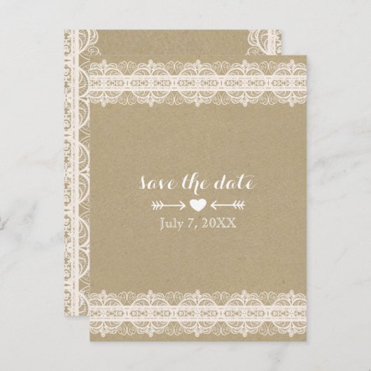Bruin papier & wit kant rustiek opslaan van de dat aankondigingskaart (Voorkant / Achterkant)