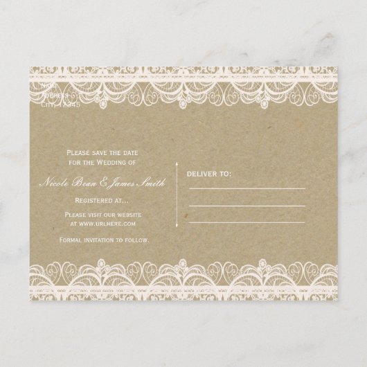 Bruin papier & wit kant rustiek opslaan van de dat aankondigingskaart (Achterkant)