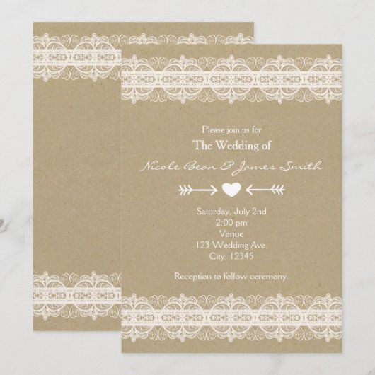 Bruin papier & Witte Kant Naturale Rustieke Bruilo Kaart (Voorkant / Achterkant)