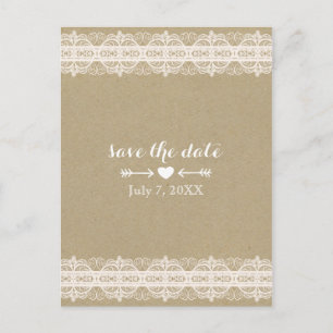 Bruin papier & witte kant rustieke save the date aankondigingskaart