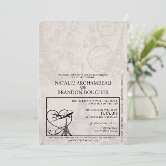 Bruin Parijs Paspoort Bruiloft Kaart (Staand voorkant)