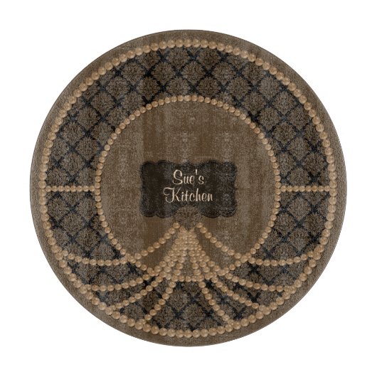 Bruin Pearl Damask-Round Glass Cutting Board Snijplank (Voorkant)