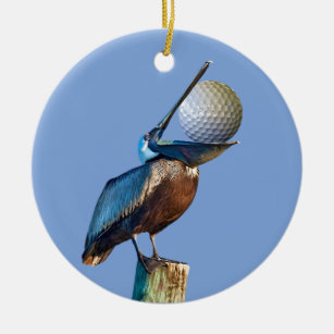 Bruin Pelican met Golfbal Keramisch Ornament