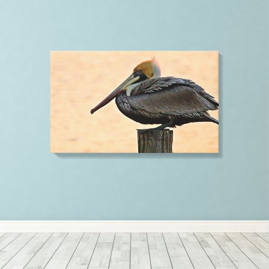Bruin Pelican Resting on Piling Canvas Afdruk (Insitu (Houten vloer))