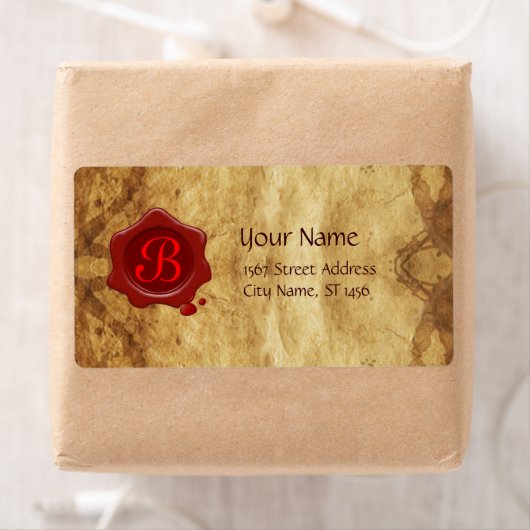 BRUIN PERKAMENT EN RODE WAS SEAL MONOGRAM ETIKET (Insitu)