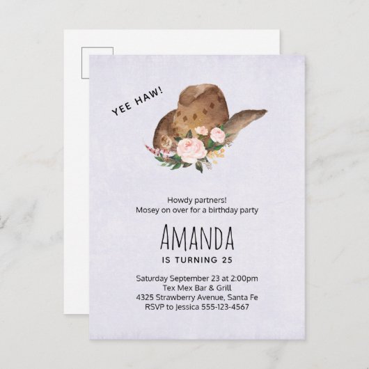 Bruin Pet van Cowgirl met roze bloemen Birthday Uitnodiging Briefkaart (Voorkant / Achterkant)