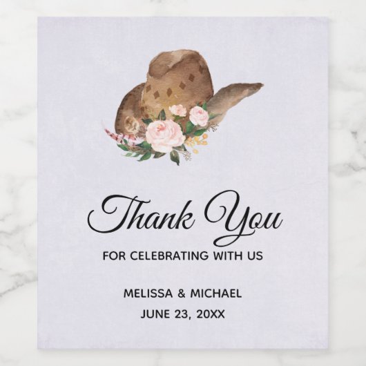 Bruin Pet van Cowgirl met roze bloemen bruiloft Wijn Etiket (Enkel label)