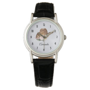 Bruin Pet van Cowgirl met roze bloemen Horloge
