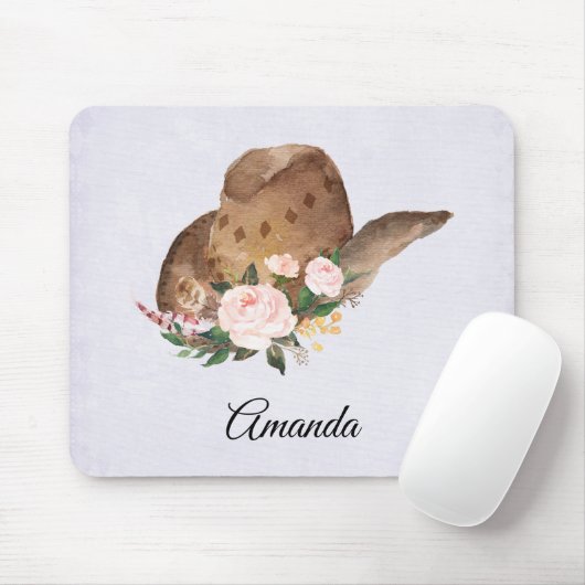 Bruin Pet van Cowgirl met roze bloemen Muismat (Met muis)