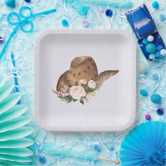 Bruin Pet van Cowgirl met roze bloemen Papieren Bordje (Feest)