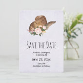 Bruin Pet van Cowgirl met roze bloemen Save The Date (Staand voorkant)