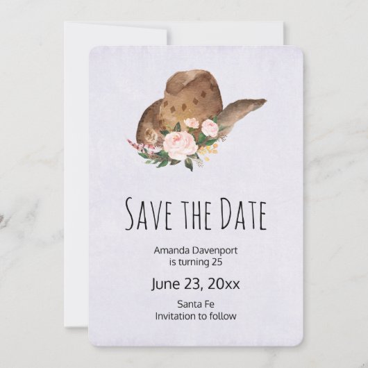 Bruin Pet van Cowgirl met roze bloemen Save The Date (Voorkant)