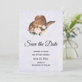Bruin Pet van Cowgirl met roze bloemen Save The Date (Staand voorkant)