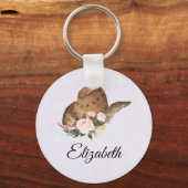 Bruin Pet van Cowgirl met roze bloemen Sleutelhanger (Voorkant)