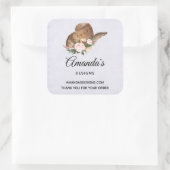 Bruin Pet van Cowgirl met roze bloemen Vierkante Sticker (Tas)