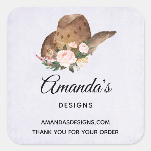 Bruin Pet van Cowgirl met roze bloemen Vierkante Sticker (Voorkant)
