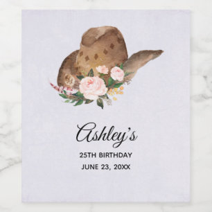 Bruin Pet van Cowgirl met roze bloemen Wijn Etiket
