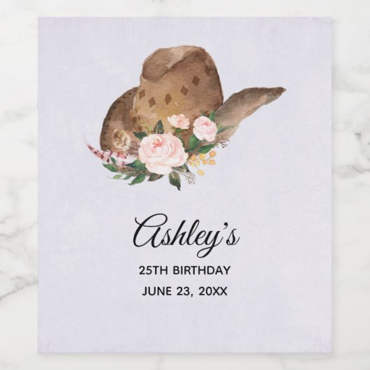 Bruin Pet van Cowgirl met roze bloemen Wijn Etiket (Enkel label)