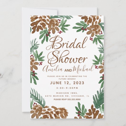 Bruin Pinecones Waterverf Greenery Vrijgezellenfee Kaart (Voorkant)