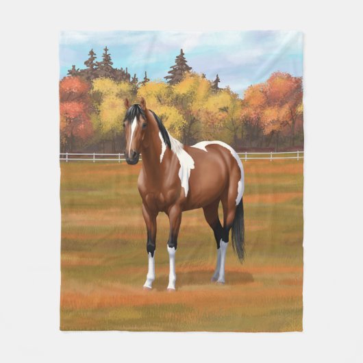 Bruin Pinto Bay Paint Horse in herfst Pasture Fleece Deken (Voorkant)