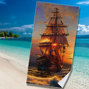 Bruin Pirate Sailing Ship Blue Oranje Sky Strandlaken