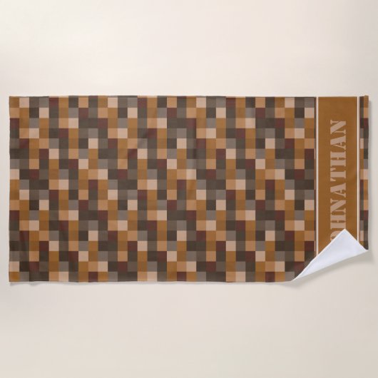 Bruin Pixelated Pattern Gamer | Gepersonaliseerd Strandlaken (Voorkant)