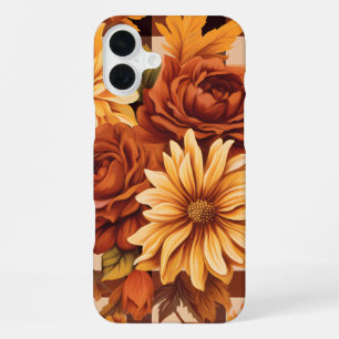 BRUIN PLAID PATROON MET HERFST ASTER FLOWERS iPhone 16 PLUS HOESJE