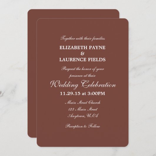 Bruin Plain Simple Wedding Invitation Kaart (Voorkant / Achterkant)