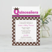 Bruin Polka Dot & Fuchsia Quinceañera Uitnodiginge Kaart (Staand voorkant)