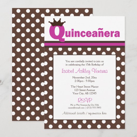 Bruin Polka Dot & Fuchsia Quinceañera Uitnodiginge Kaart (Voorkant / Achterkant)