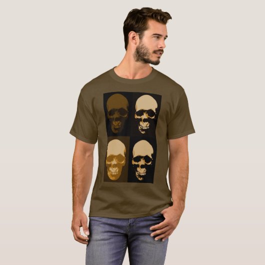 Bruin Pop Kunst Retro Stijlvolle schedel T-shirt (Voorkant volledig)