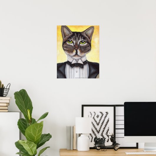 Bruin Poster met kat met kattenvoer Tuxedo Feline (Thuiskantoor)