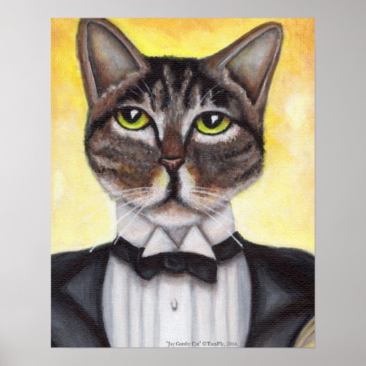 Bruin Poster met kat met kattenvoer Tuxedo Feline  (Voorkant)