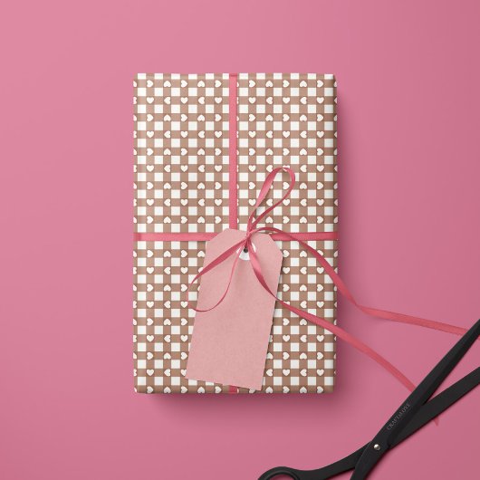 Bruin Preppy Gingham Harten- Inpakpapier Rol
