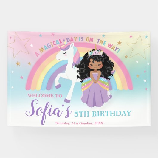 Bruin Prinses Eenhoorn Verjaardag Regenboog Welkom Spandoek (Horizontaal)