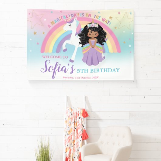 Bruin Prinses Eenhoorn Verjaardag Regenboog Welkom Spandoek (Insitu)