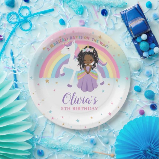 Bruin Prinses & Eenhoorn Verjaardagsfeest Regenboo Papieren Bordje (Feest)