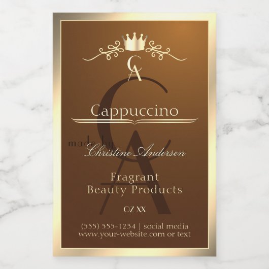 Bruin Productlabel Gouden Frame en Monogram Voedselcontainer Etiket (Enkel label)
