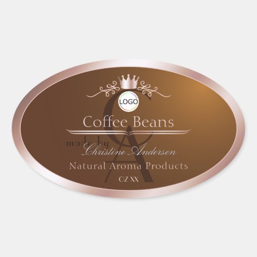 Bruin Productlabel Rosegouden Frame Logo Monogram Ovale Sticker (Voorkant)