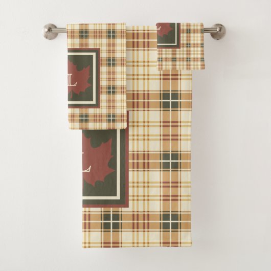 Bruin Pset Pattern Herfst Maple Leaf Monogram Bad Handdoek (Insitu)