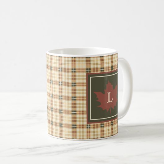 Bruin Pset Pattern Herfst Maple Leaf Monogram Koffiemok (Voorkant rechts)