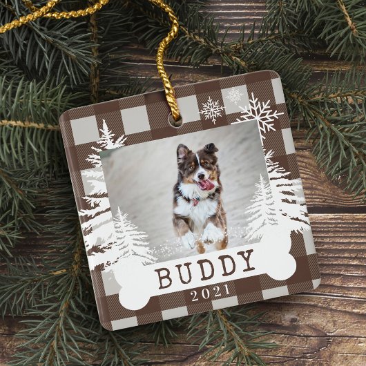 Bruin Pset Rustic Pine Trees Dog Bone Pet Foto Keramisch Ornament